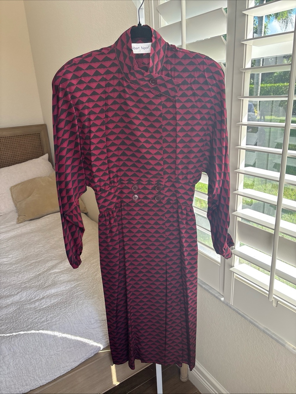 Vintage Albert Nipon 100% Silk Long Sleeve High Collar Midi Dress Size 8